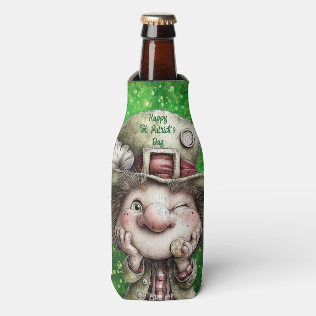 Verspielte Leprechaun-Illustration  Flaschenkühler (Flaschenvorderseite)