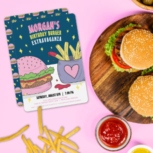 Verspielte Pink Burger und Pommes Frites Geburtsta Einladung