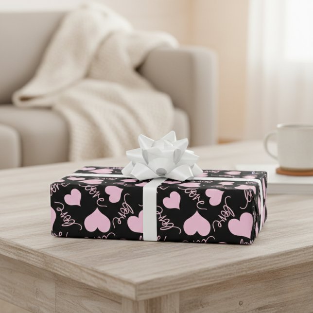 Verspielte rosa Herz-Doodles Liebesschrift Geschenkpapier (Whimsical Pink Heart Doodles Love Script Wrapping Paper)
