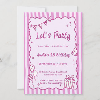 Verspielte süße rosa Streifen-Party-Doodle-Geburts Einladung