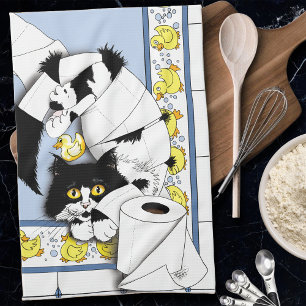 Verspielte Tuxedo-Katze Toilettenpapier Chaos Blau Küchentuch