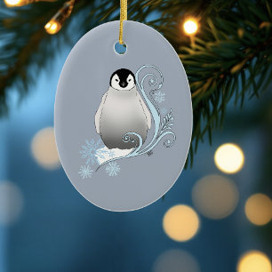 Verspielte Winter-Pinguin-Art-Nouveau-Schneeflocke Keramik Ornament
