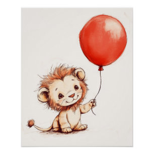 Verspielter Baby-Löwe mit rotem Ballon Poster