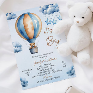 Verspielter blauer Heißluftballon-Baby-Jungen-Show Einladung