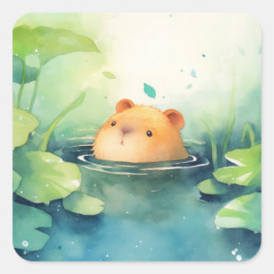 Verspielter Capybara-Blick aus dem Wasser Quadratischer Aufkleber