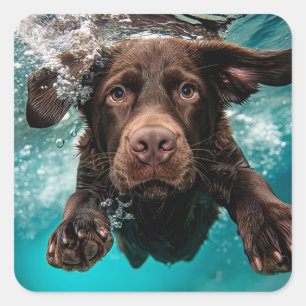 Verspielter Chocolate-Labrador schwimmt unter Wass Quadratischer Aufkleber