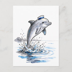 Verspielter Delfin springt hoch in mariner Tinteni Postkarte
