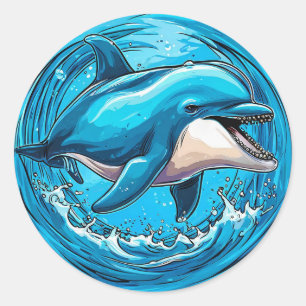Verspielter Delfin springt in Wasserspritzern Runder Aufkleber