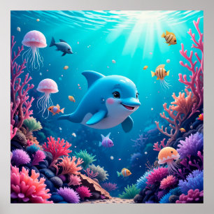Verspielter Delfin und farbenfrohes Meeresleben Poster