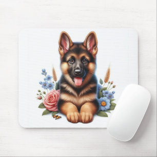 Verspielter deutscher Schäferhund-Welpe mit Blumen Mousepad
