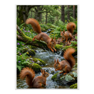 Verspielter Eichhörnchen Wald Fluss Wald Natur Fla Poster