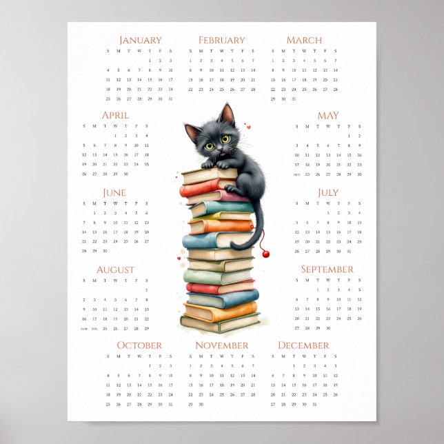 Verspielter Ein-Seiten-2026-Katze-und-Buchstapel-K Poster (Vorne)