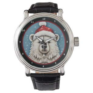 Verspielter Eisbär in Santa-Mütze Armbanduhr