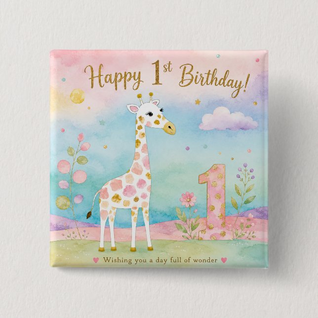 Verspielter Giraffe-Erster-Geburtstag-Wunder Button (Vorderseite)