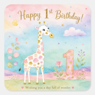 Verspielter Giraffe Erster Geburtstag Wunder Quadratischer Aufkleber