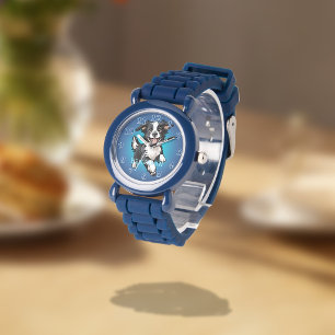 Verspielter glücklicher schwarzer Collie auf Blau Armbanduhr