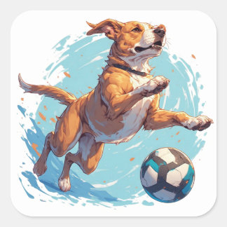 Verspielter Hund tritt Fußball mit energetischer E Quadratischer Aufkleber