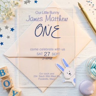 Verspielter moderner blauer Hase 1. Geburtstag Acryleinladungen