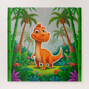 Verspielter orangefarbener Dinosaurier in üppiger Puzzle