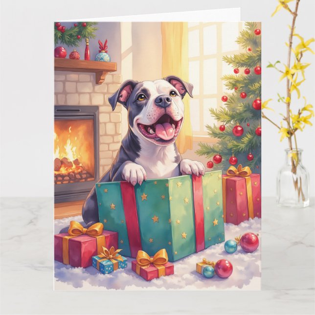 Verspielter Pitbull öffnet Weihnachtsgeschenke Fei Karte (Gelbe Blume)