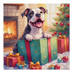 Verspielter Pitbull öffnet Weihnachtsgeschenke Fei Poster