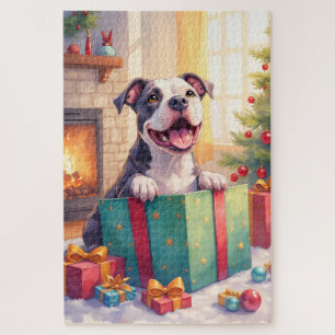 Verspielter Pitbull öffnet Weihnachtsgeschenke Fei Puzzle