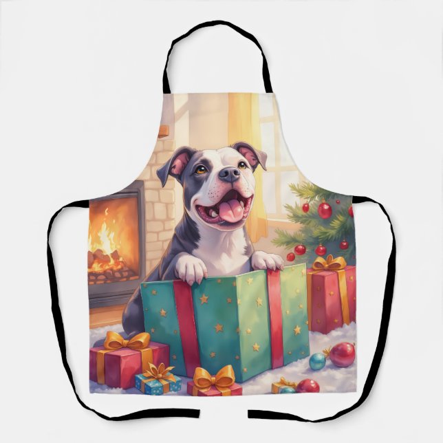 Verspielter Pitbull öffnet Weihnachtsgeschenke Fei Schürze (Vorderseite)