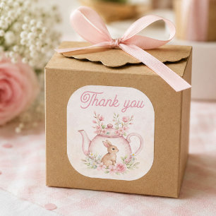 Verspielter rosa Hase Teekanne Blumen Danke Quadratischer Aufkleber