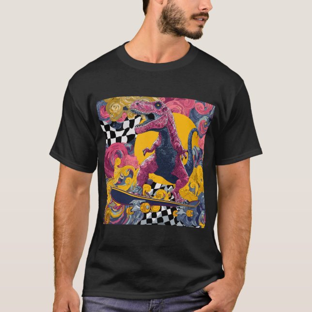 Verspielter Rosa T-Rex Skateboard fährt T-Shirt (Vorderseite)