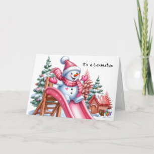 Verspielter Schneemann auf dem Spielplatz Pink Feiertagskarte