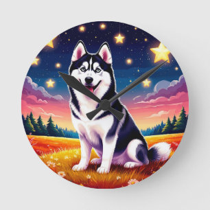 Verspielter Sibirischer Husky Runde Wanduhr