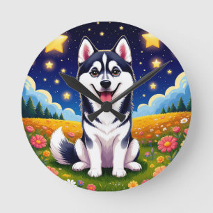 Verspielter Sibirischer Husky Runde Wanduhr