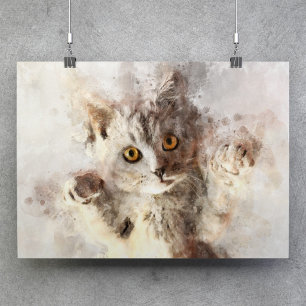 Verspieltes Aquarell-Kätzchen mit hellen bernstein Poster