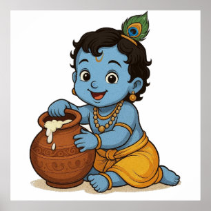 Verspieltes blau-gelbes Infant-Krishna-Kunstdesign Poster