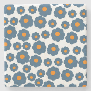 Verspieltes Blau-Orange-Blumen-Retro, Fröhlich Steinuntersetzer