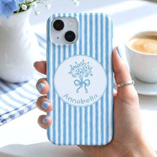 Verspieltes Blau-Weiß-Streifen Preppy-Monogramm iPhone 15 Hülle
