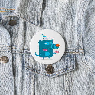 Verspieltes blaues Cartoon-Monster mit Partyhut Button