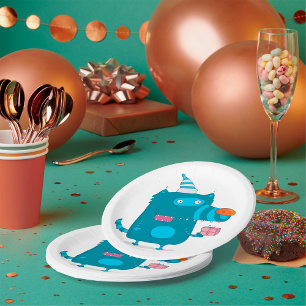 Verspieltes blaues Cartoon-Monster mit Partyhut Pappteller