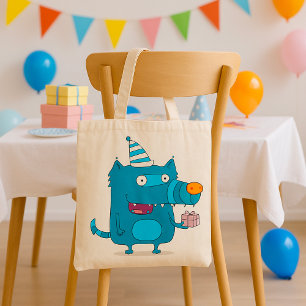 Verspieltes blaues Cartoon-Monster mit Partyhut Tragetasche