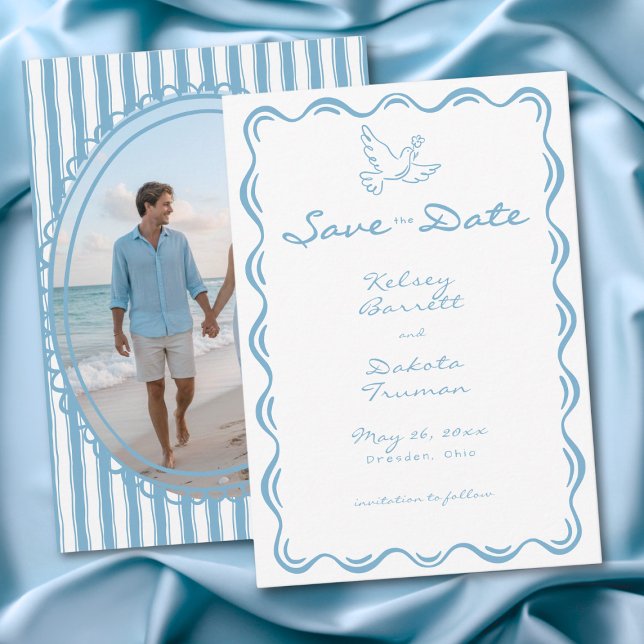 Verspieltes blaues handgezeichnetes florales Strei Save The Date (Whimsical Blue Hand Drawn Floral Stripe Photo Save The Date)