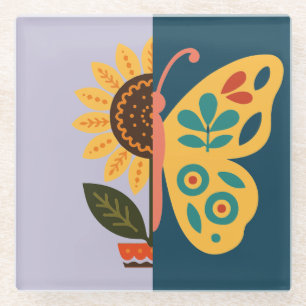 Verspieltes Blumen- und Schmetterlingsdesign Glasuntersetzer