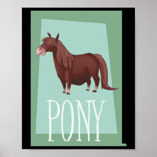 Verspieltes braunes Shetlandpony auf grünem Retro- Poster