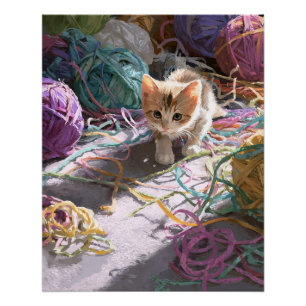 Verspieltes Calico-Kätzchen Buntes Garn Chaos Kuns Poster