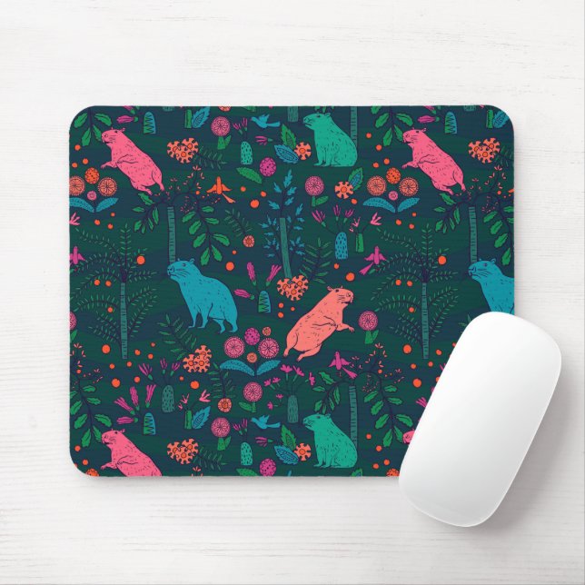 Verspieltes Capybara im Wald – Tropisches nahtlose Mousepad (Mit Mouse)