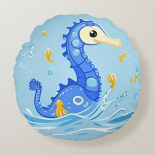 Verspieltes Cartoon-Seepferdchen in blauem Wasser Rundes Kissen