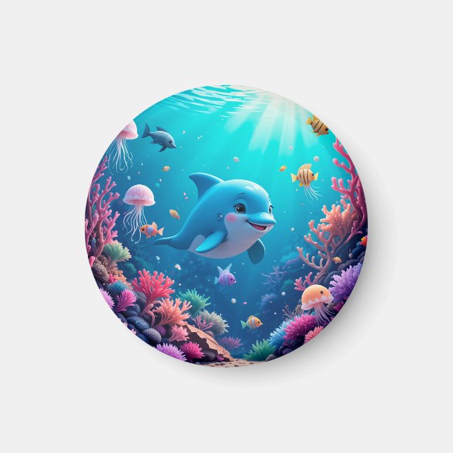 Verspieltes Delphin und farbenfrohe Meereswelt Magnet (Vorne)