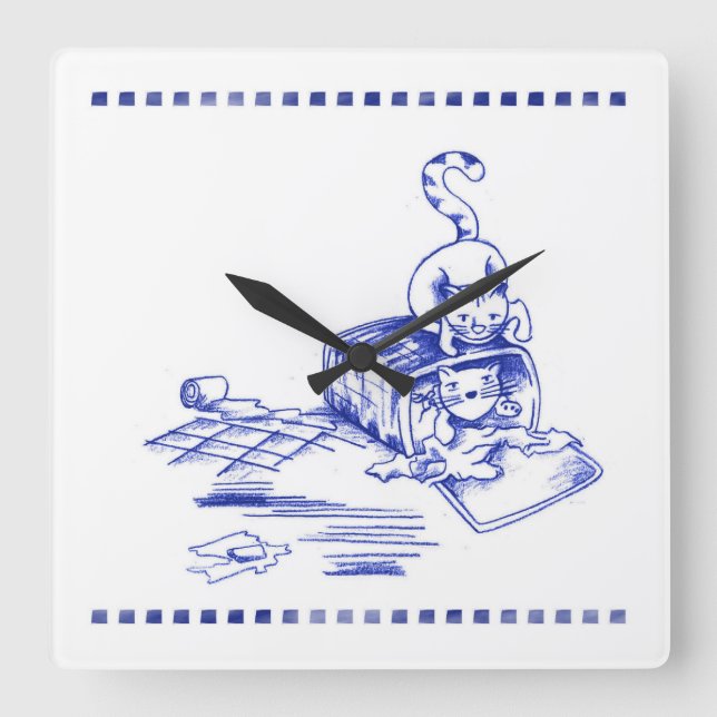 Verspieltes Hamper Kitty Cat Badezimmer Toile Look Quadratische Wanduhr (Vorderseite)