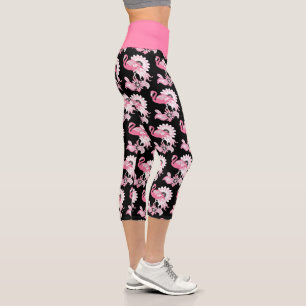 Verspieltes modernes schwarzes rosa Flamingo-Muste Capri Leggings