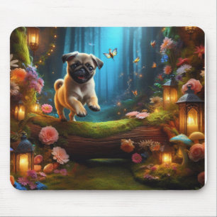 Verspieltes Mops-Welpe im verzauberten Wald-Mauspa Mousepad