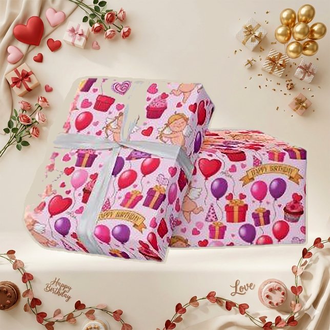 Verspieltes Rosa-Cupid-Geburtstagsballon-Muster Geschenkpapier (Von Creator hochgeladen)
